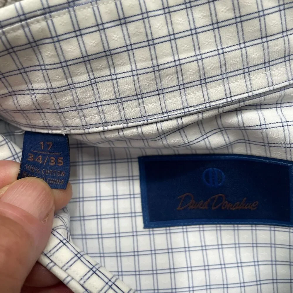 David Donahue Shirt Adult 17 34/35 White Blue Plaid Dress Workwear Cotton Mens - Picture 7 of 8